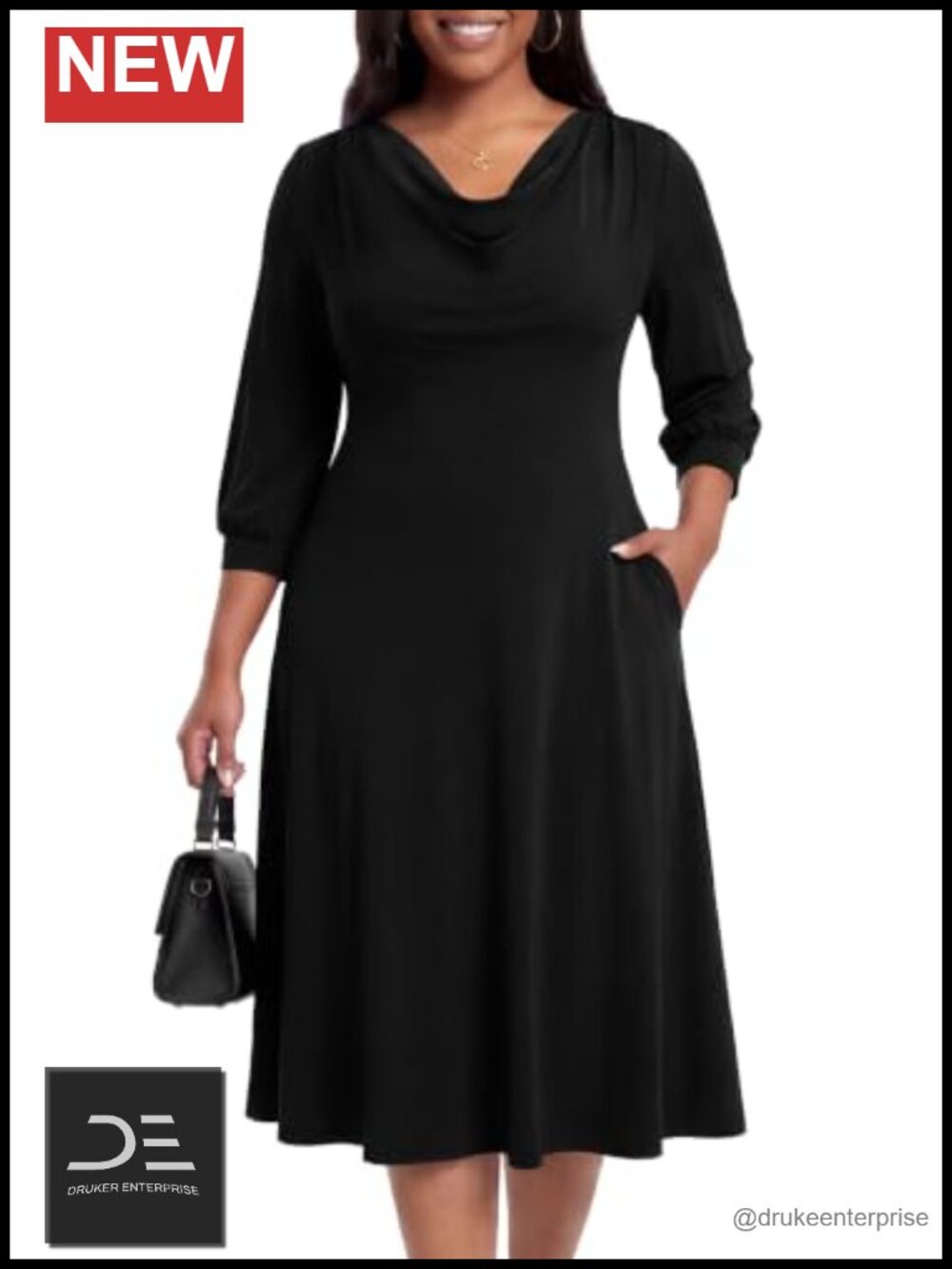 Midi Dress Classy Cowl Drape Neck 3/4 Sleeves Semi Formal
